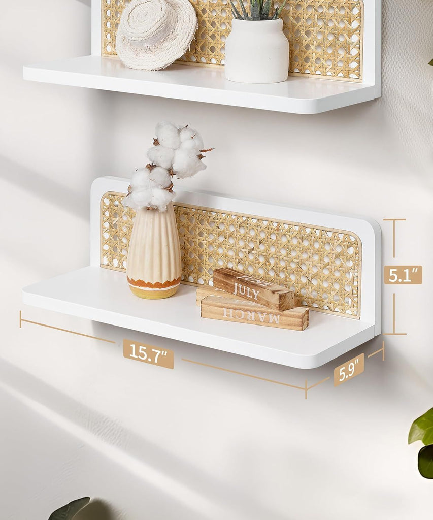 Rattan Wall Shelf 16inch Set of 2, Handmade White Floating Shelves Boho Wall Decor, Rustic Wood Cute Wall Mounted Storage Shelves for Living Room Nursery Bedroom