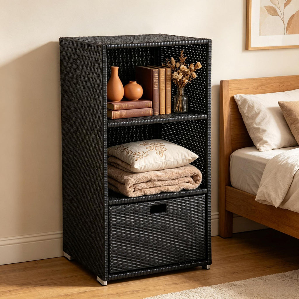 Rattan Wicker Poolside Towel Cabinet with 2-Tier Shelves And Bottom Drawer for Patio Backyard Storage 47 Inch
