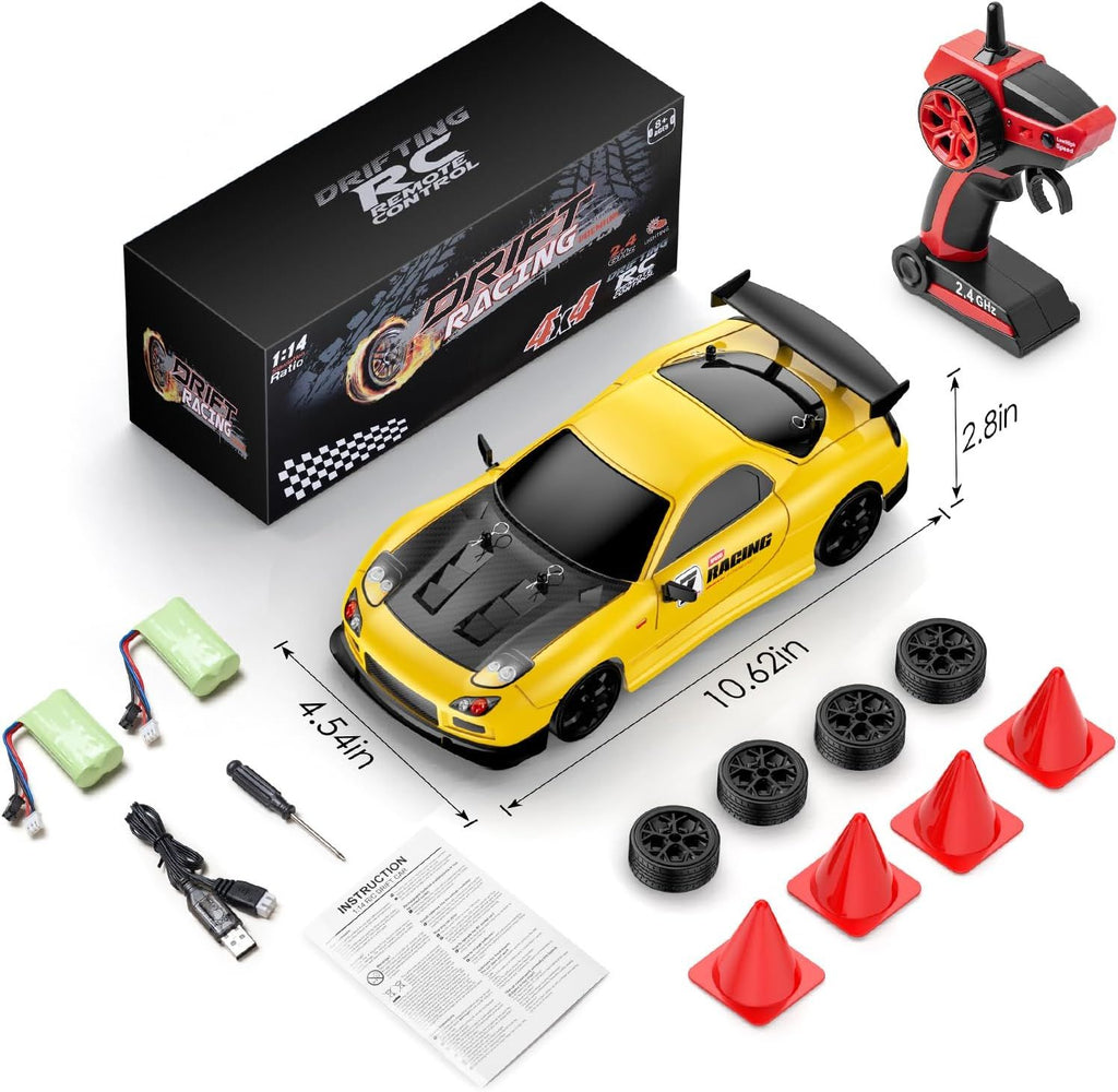 RC Drift Car, 1:14 4WD Drift Remote Control Car 2.4GHz 28km/h High Speed Remote Control Racing Car, LED Lights,Racing and Drift Tires RTR for Teens, Kids, Boys
