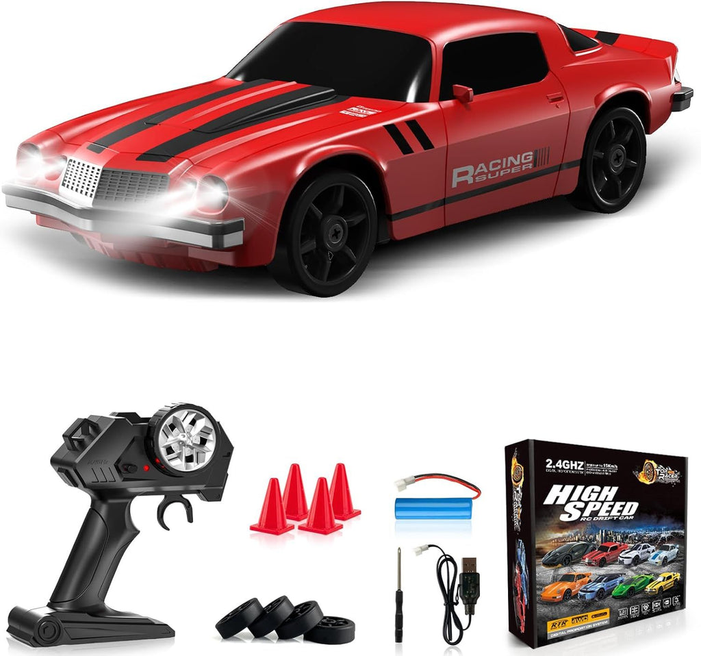 RC Drift Car 1:24 Remote Control Car 4WD 15KM/H High Speed Racing Sport Car with LED Lights RC Cars Toy for Kids Boys Girls Adults Gifts Birthday Rechargeable Batteries