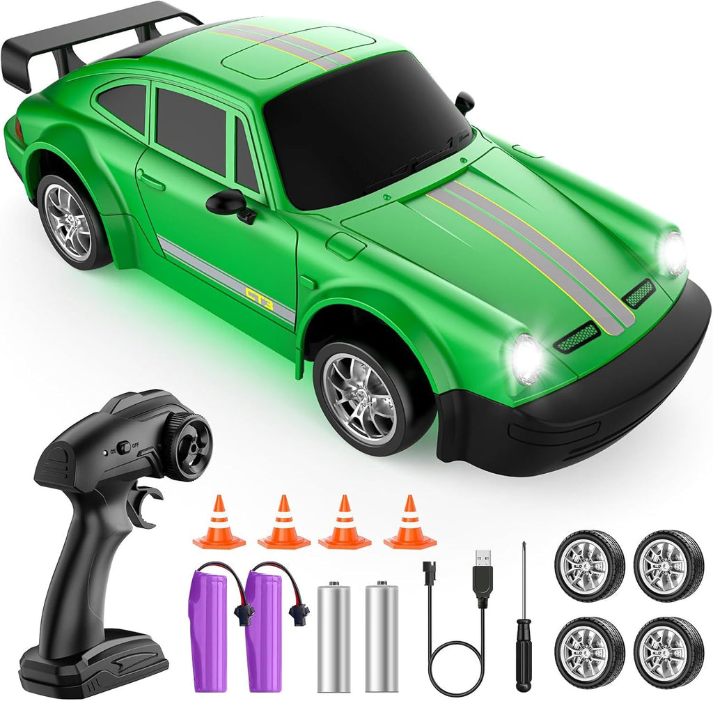 RC Drift Car, 1:24 Scale Remote Control Car with LED Lights, 20KM/H 4WD High Speed RC Cars, Racing and Drifting Dual-Mode Toy Car Idea Gift for Adults and Kids, Green