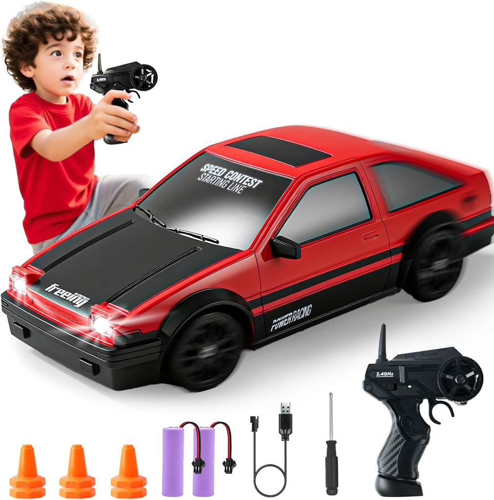 RC Drift Car with LED Lights, 2.4GHz Remote Control Car, Includes 2 Batteries & 2 Sets of Tires for Racing & Drifting, Electric Hobby Racing Toy for Adults, Boys & Kids(Red)