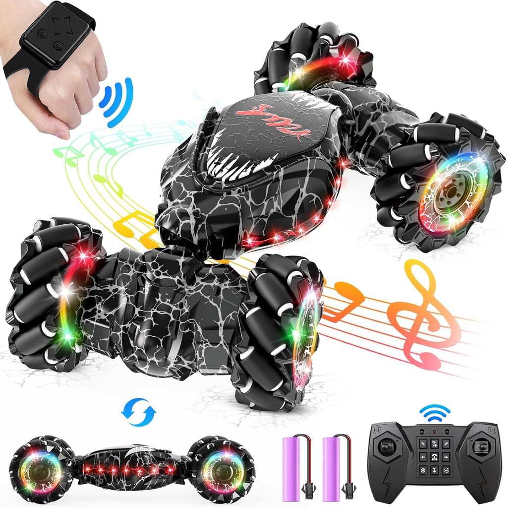 RC Stunt Car, 2.4GHz LED Gesture Sensing, 4WD Double Sided Rotation with Lights and Music, All Terrain Rotation Drift Car - Birthday Gifts for Boys & Girls (Black)