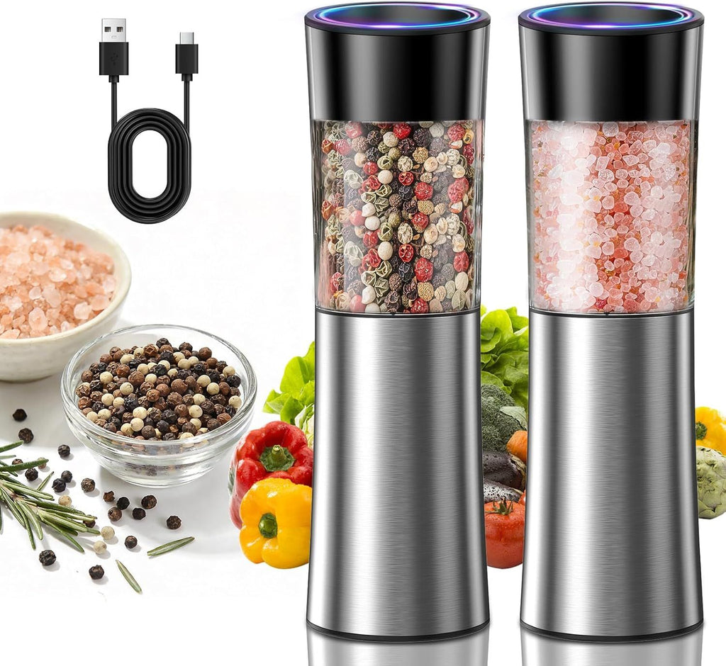 Rechargeable Gravity Electric Salt and Pepper Grinder Set Automatic Stainless Steels Salt and Pepper Mills with LED Light, No Battery Needed, Adjustable Coarseness,for Home Kitchen BBQ