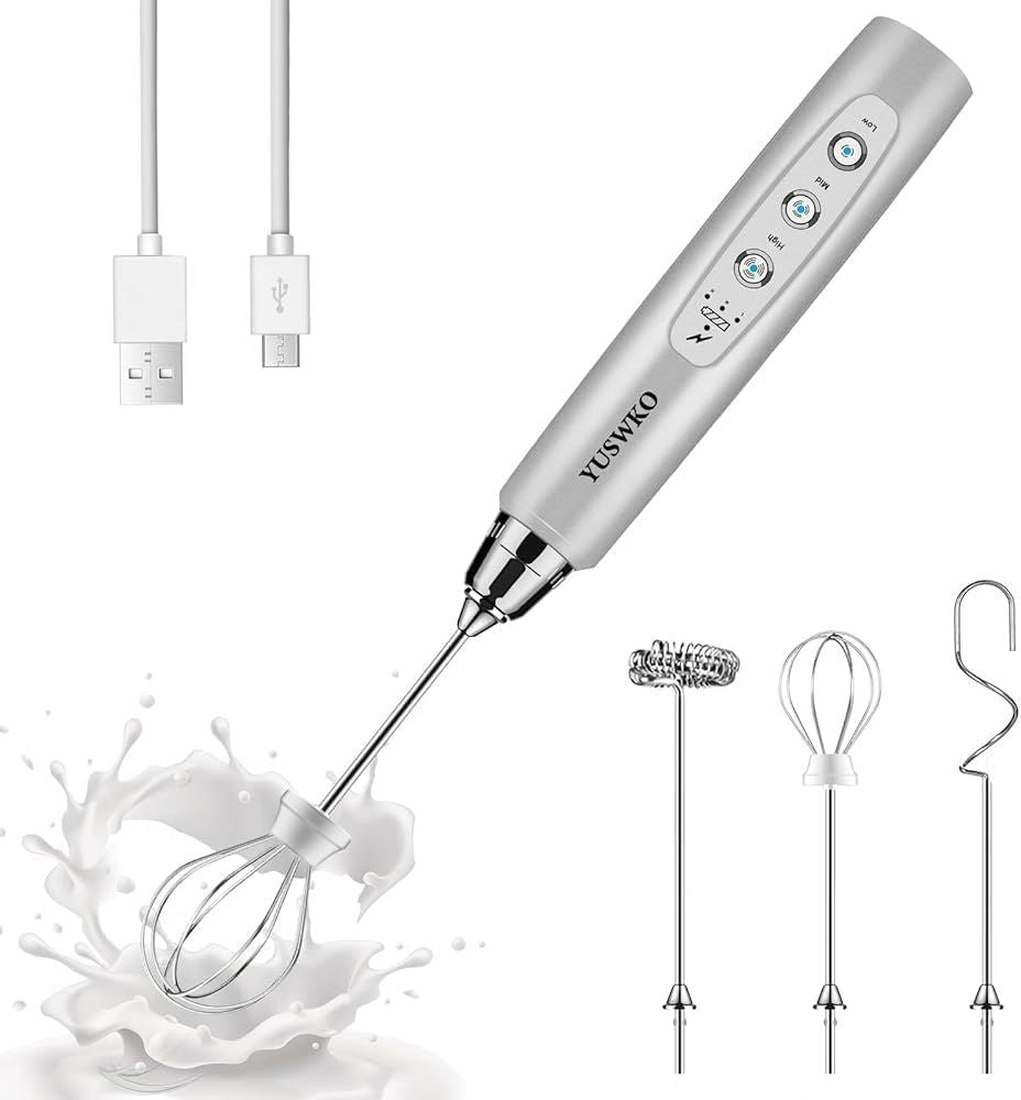 Rechargeable Milk Frother Handheld with 3 Heads, Silver Coffee Electric Whisk Drink Foam Mixer, Mini Hand Stirrer with 3 Speeds Adjustable for Latte, Cappuccino, Hot Chocolate, Egg