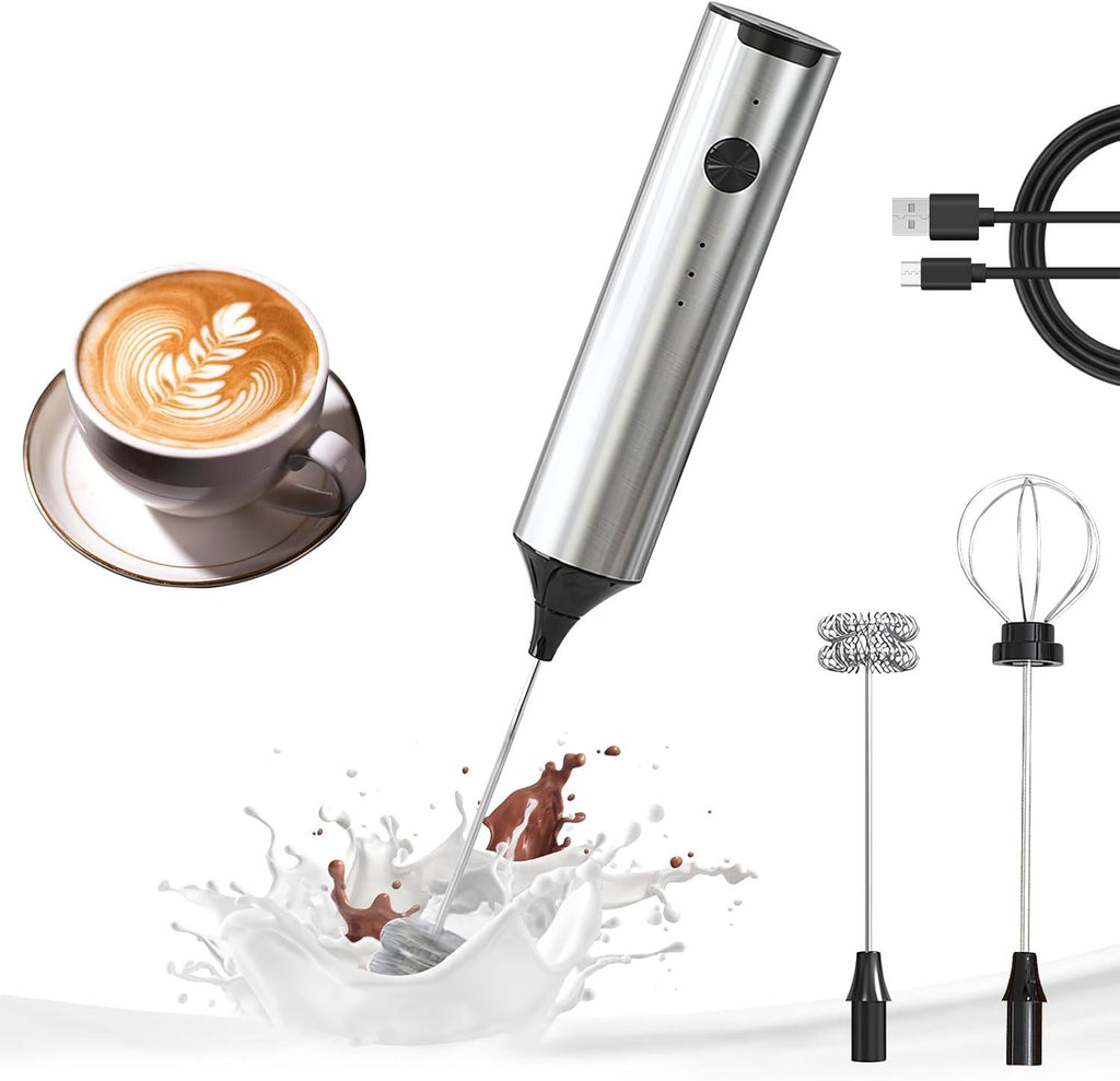 Rechargeable Milk Frother Wand Handheld, 3 Speed Adjustable Electric Drink Mixer with 2 Whisks, Stainless Steel Stirrer for Coffee, Lattes, Protein Shakes, Matcha, Egg