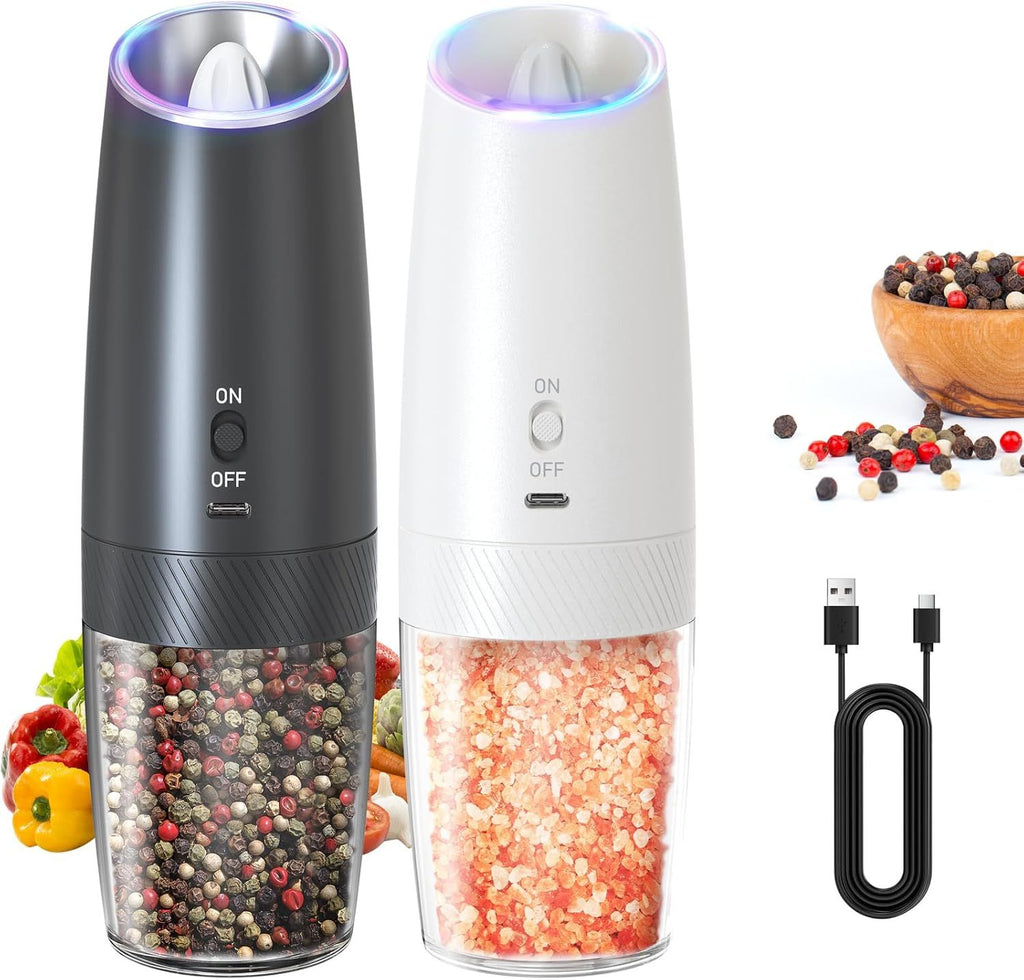 Rechargeable Salt and Pepper Grinder Set Gravity Electric Salt and Pepper Grinder Set, LED Light, Adjustable Coarseness, for Home Kitchen BBQ, Black & White