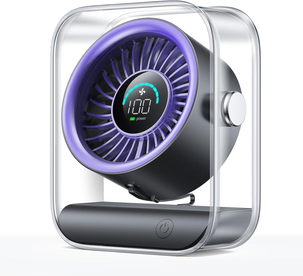 Rechargeable USB Desk Fan, Quiet Table Fan with Turbo Airflow, 100 Speeds, Digital Display, 90° Rotating, Small Battery Desktop Fans for Bedroom Home Office Travel