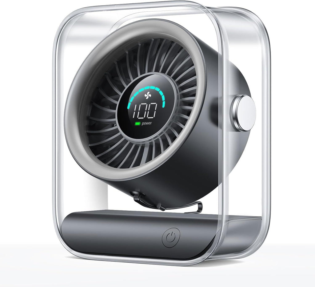 Rechargeable USB Desk Fan, Quiet Table Fan with Turbo Airflow, 100 Speeds, Digital Display, 90° Rotating, Small Battery Desktop Fans for Bedroom Home Office Travel