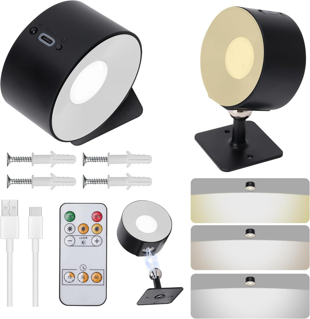 Rechargeable Wall Lights for Bedroom with Remote, 3000mAh Wireless Battery Operated Wall Sconce 3 Color Temperatures, Dimmable Magnetic 360°Rotation Picture Lights for Wall Reading Bedside(2pcs)