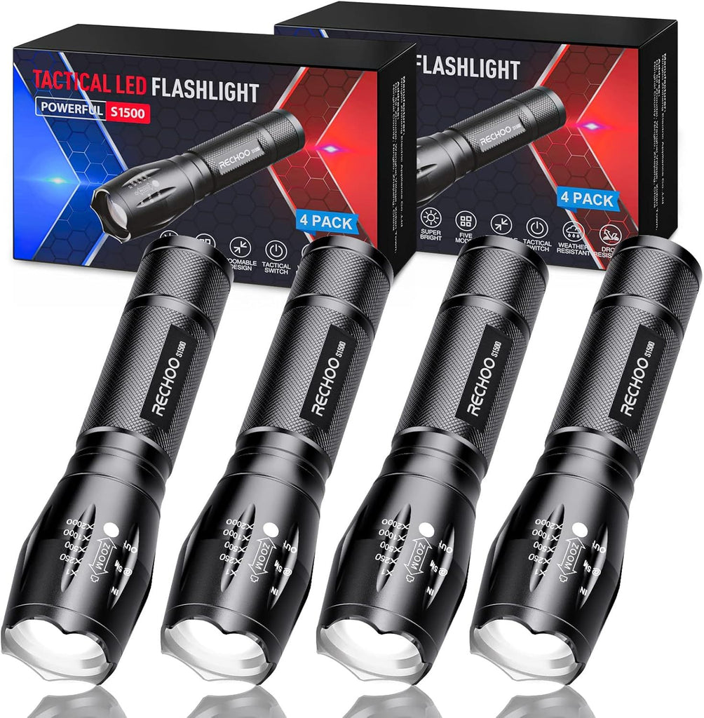 RECHOO Tactical Flashlights – 4 Pack Bright Zoomable LED Flashlights, High Lumen 5-Mode Waterproof Pocket Torch for Emergency, Camping & Outdoor Use – S1500