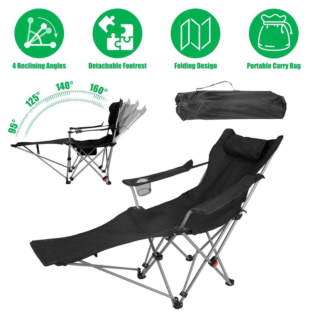 Reclining Camping Chair with Footrest 4-Position Adjustable Outdoor Folding Chair Heavy Duty Portable Camping Lounge Chair with Headrest Cup Holder & Side Pocket for Outdoor Beach Patio Travel