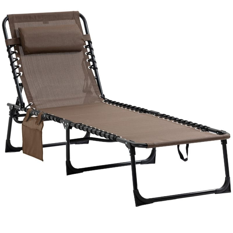 Reclining Chaise Lounge Chair, Portable Sun Lounger, Folding Camping Cot with Adjustable Backrest and Removable Pillow, for Patio, Garden, Beach, Brown