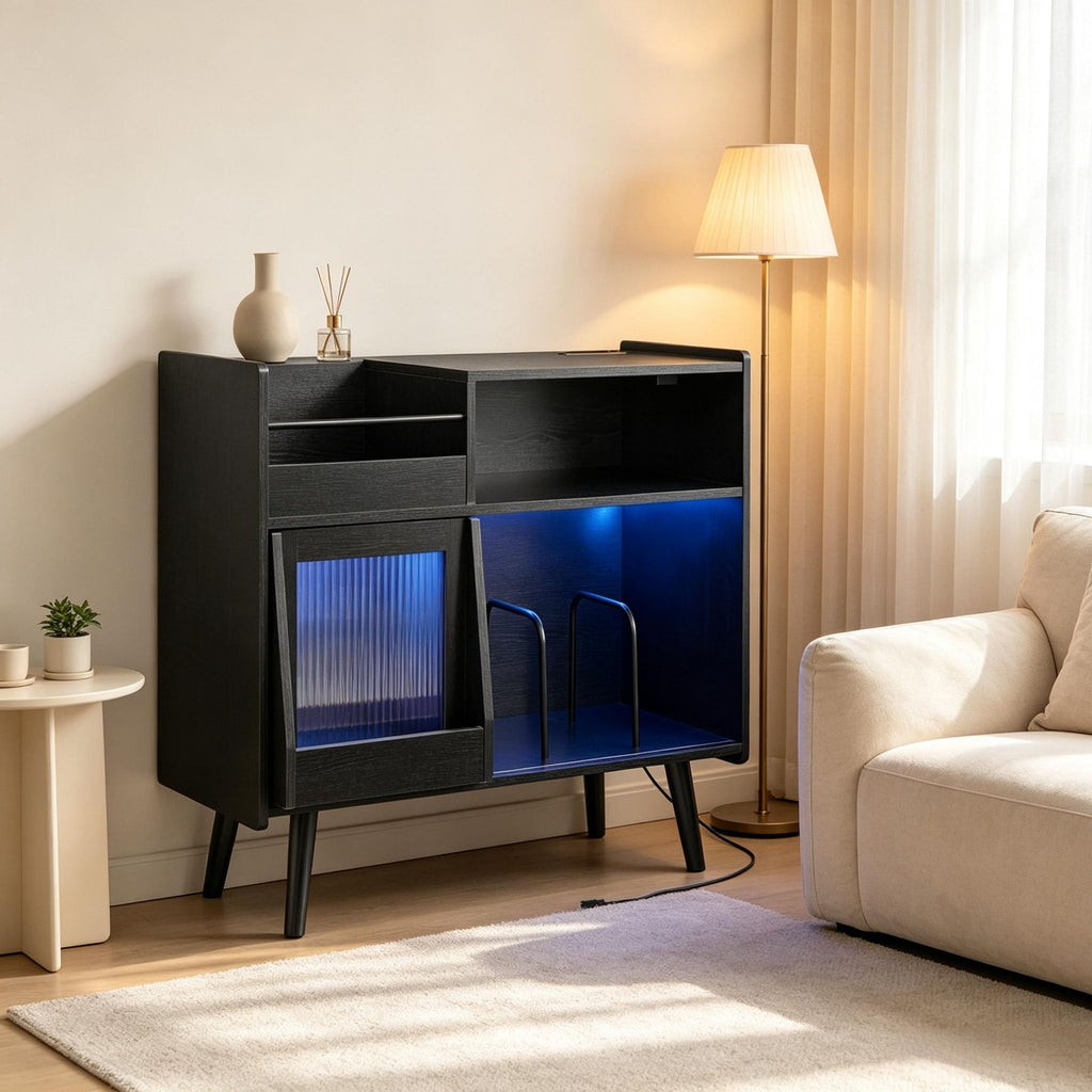 Record Player Stand with LED Light And Power Outlets Modern  Turntable Stand for Home Audio