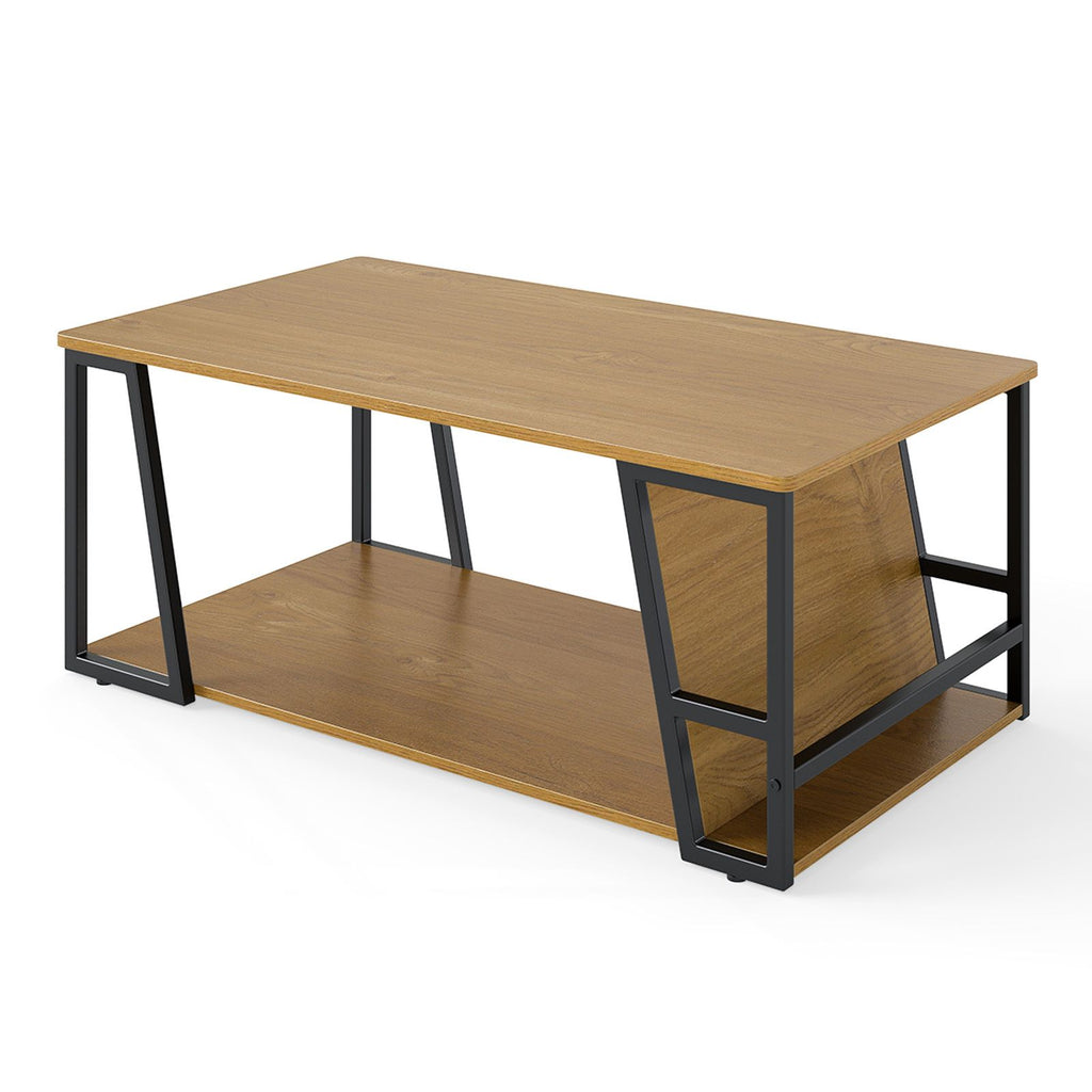 Rectangle Coffee Table 2-tier Industrial Accent Table with Storage Shelf and Compartment