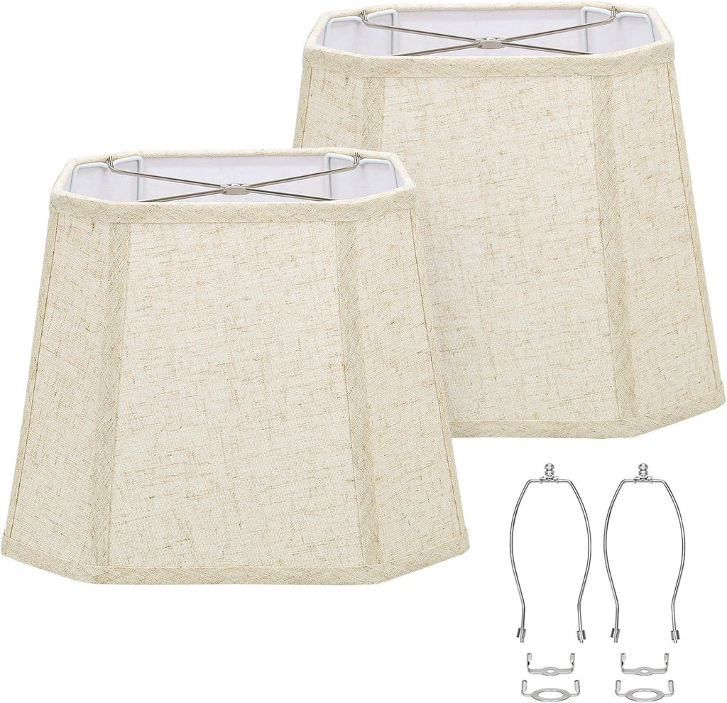 Rectangle Lamp Shades Set of 2, 10.5" x 10"x 13" Medium Cut Corner Beige Lampshades Natural Linen Hand Crafted