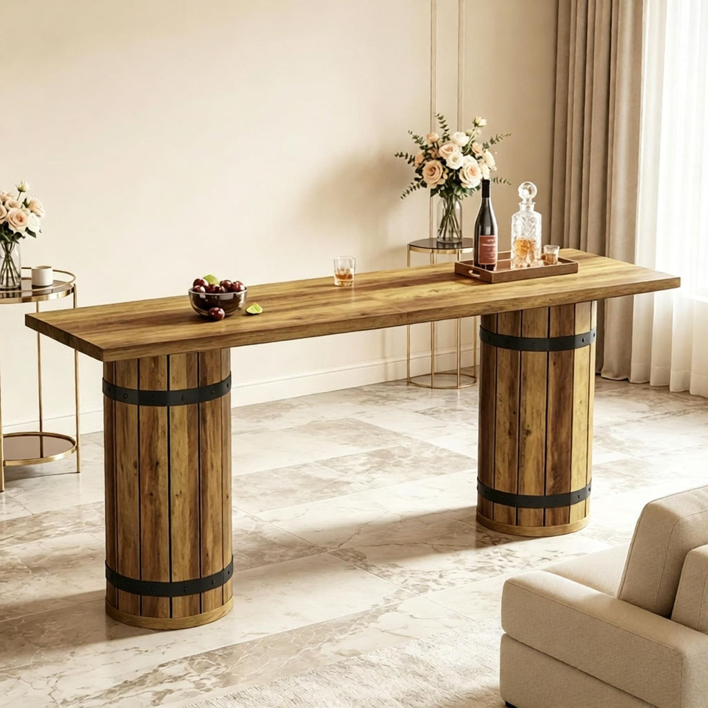 Rectangular Counter Height Pub Table with Fence Pedestal Base 70.9 Inch Bar Table Kitchen Dining Room Furniture