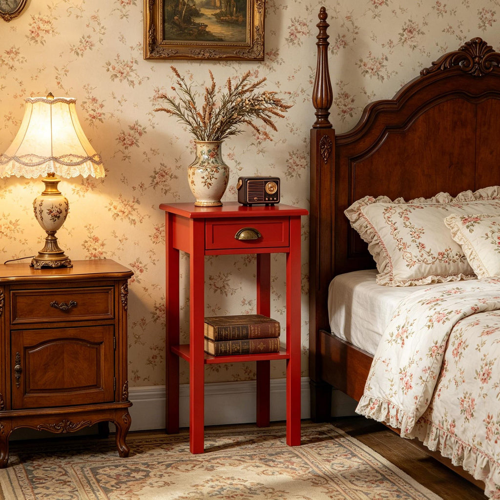 Red 2-Tier Side Table with Drawer And Shelf End Table for Living Room And Hallway