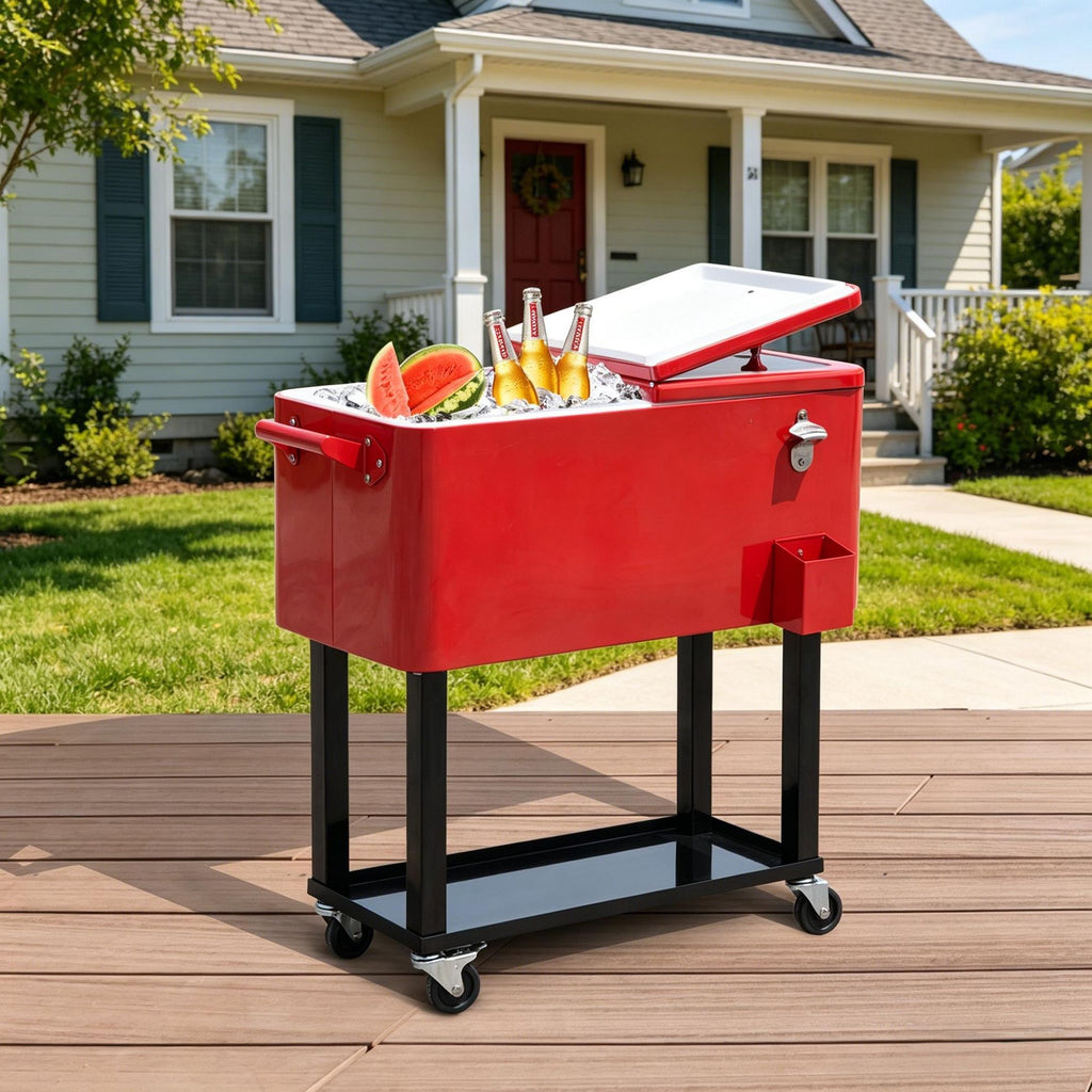 Red 80 QT Rolling Cooling Bin Ice Chest on Wheels Outdoor Stand up Drink Cooler Cart for Party