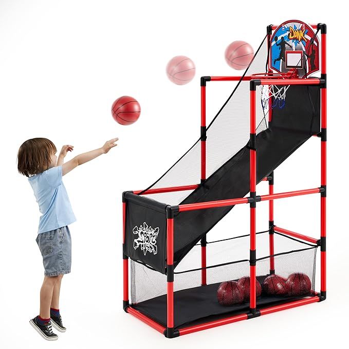 Red Arcade Basketball Game Set, Indoor Basketball Hoop for Kids 3 to 12 Years Old, Easy Set Up Sports Toy with 4 Balls, Gifts for Boys and Girls