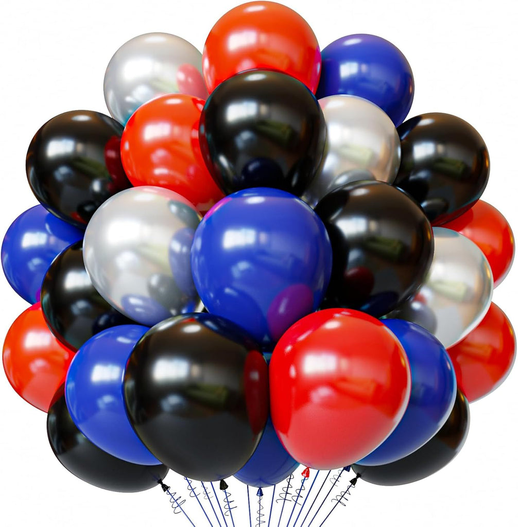 Red Blue Black Balloons, 60pcs 12 Inches Black Red Royal Blue Silver Balloons with 1 Ribbon for Birthday Baby Shower Kids Boys Party Decorations