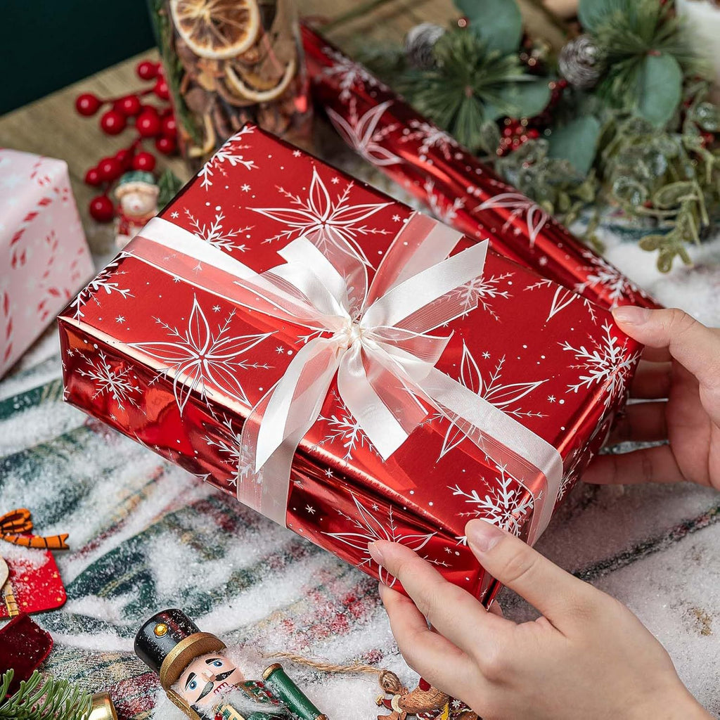 Red Christmas Wrapping Paper Roll - 17IN X 33FT - Christmas Gift Wrapping Paper Featuring White Snowflake Reversible Candy Cane for Kids, Holiday, New Year