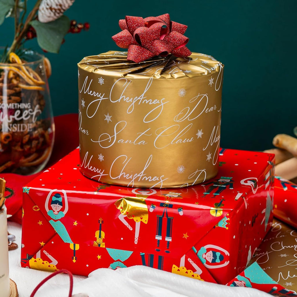Red Christmas Wrapping Paper Roll - 17IN X 33FT - Christmas Nutcracker Gift Wrapping Paper Featuring Ballet Guitar Gold Star Reversible Gold for Kids, Holiday, New Year