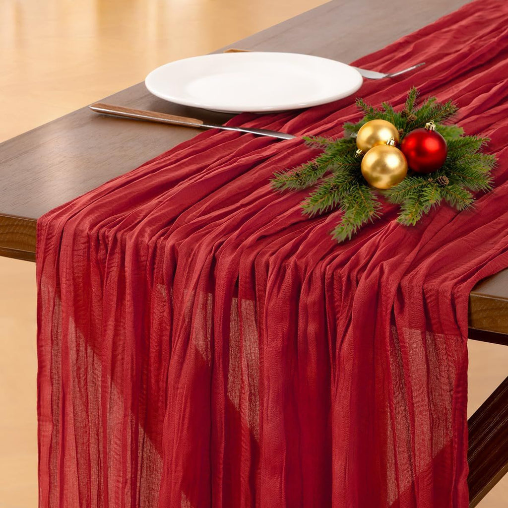 Red Fall Thanksgiving Cheesecloth Table Runner Boho Rustic Gauze 120 inch 10FT Cheese Cloth Runner for Wedding Party Baby Shower Birthday Home Decor Holiday Decorations