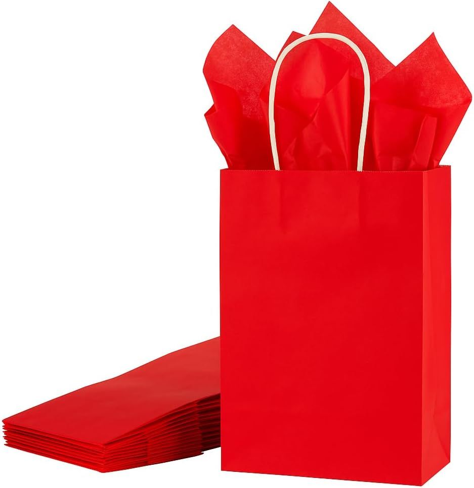 Red Gift Bags with Tissue Paper, 24 Pack Small Kraft Paper Shopping Bags with Handles, 7.9x5.12x3.15 Inches, for Christmas, Valentine's Day, Birthdays, Anniversaries