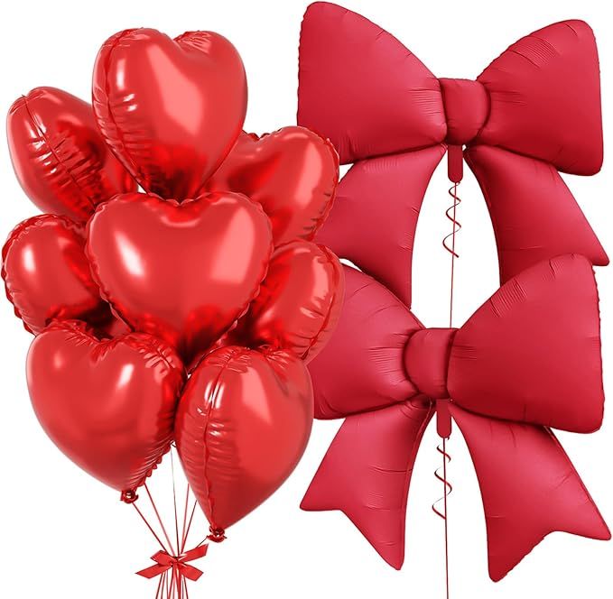 Red Heart Balloons, Foil Bow Balloons, 10Pcs 18 Inch Heart Shaped Balloon and 38 Inch Helium Red Bow Foil Balloon for Birthday Valentines Engagement Baby Shower Bridal Wedding Anniversary Decor