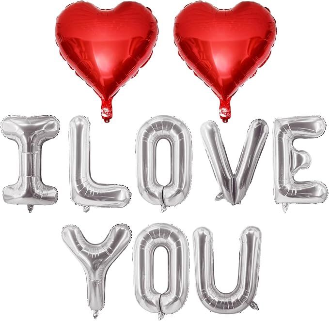 Red Heart Shaped Balloons Silver I LOVE YOU Valentine Balloons for Valentines Day Bridal Shower Wedding Party Decorations