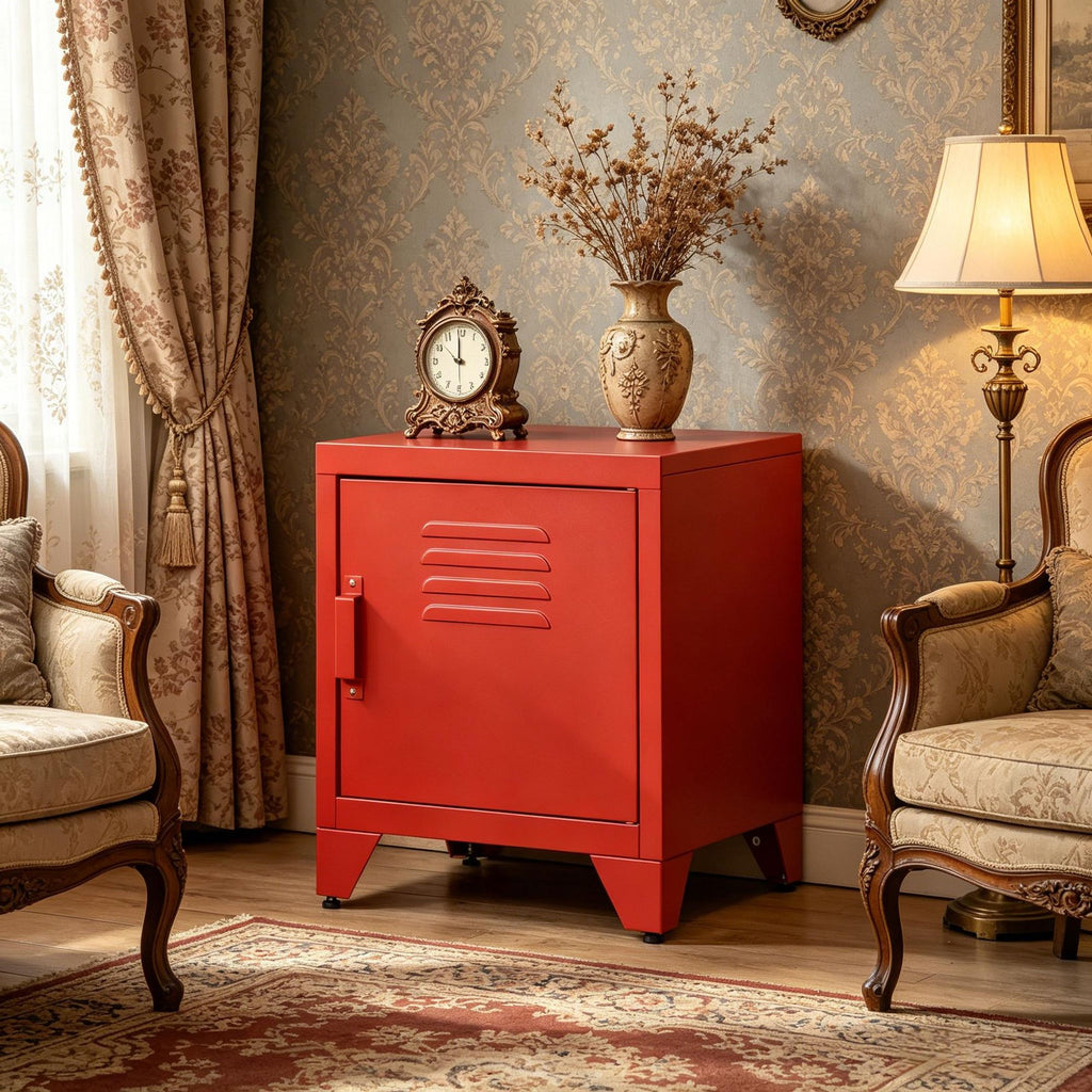 Red Industrial End Table with Adjustable Shelf And Locker-Style Door Living Room Side Table for Storage And Decor