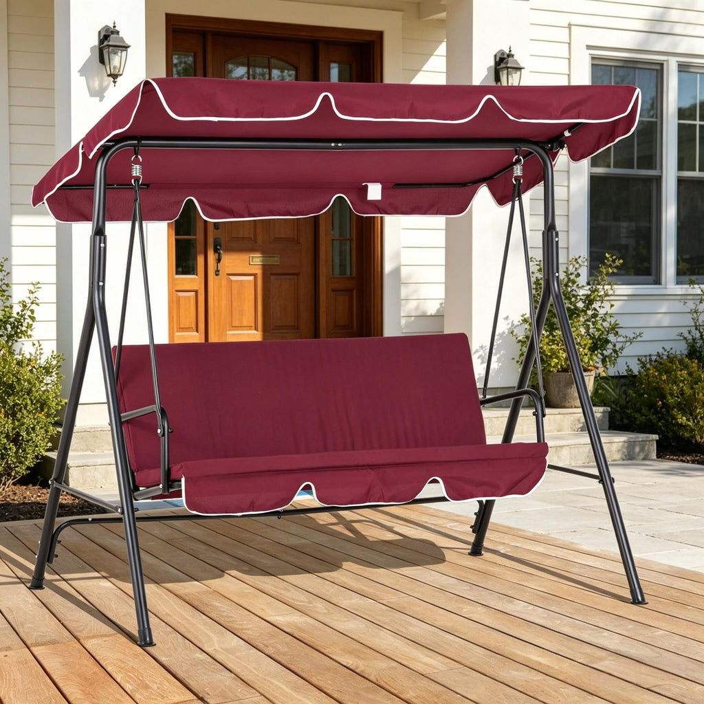 Red Outdoor Patio Swing Chair Adjustable Tilt Canopy Removable Cushion Comfortable Relaxing Garden Swinging Chair