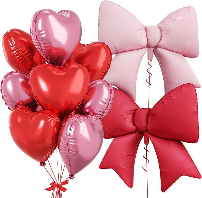 Red Pink Heart Balloons, Foil Bow Balloons, 10Pcs 18 Inch Heart Shaped Balloon and 38 Inch Helium Pink Red Bow Balloon for Girls Women Birthday Valentines Bridal Shower Wedding Engagement Decor