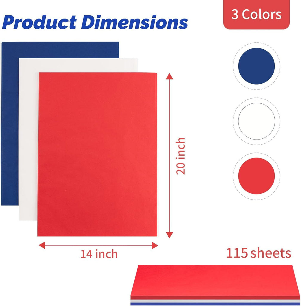 Red White and Blue Tissue Paper for Gift Bags, 115 Sheets 14 x 20 Inches Flag Day Wrapping Paper for Packaging, Patriotic Tissue Paper Bulk for Independence Day, Birthday, DIY Crafts