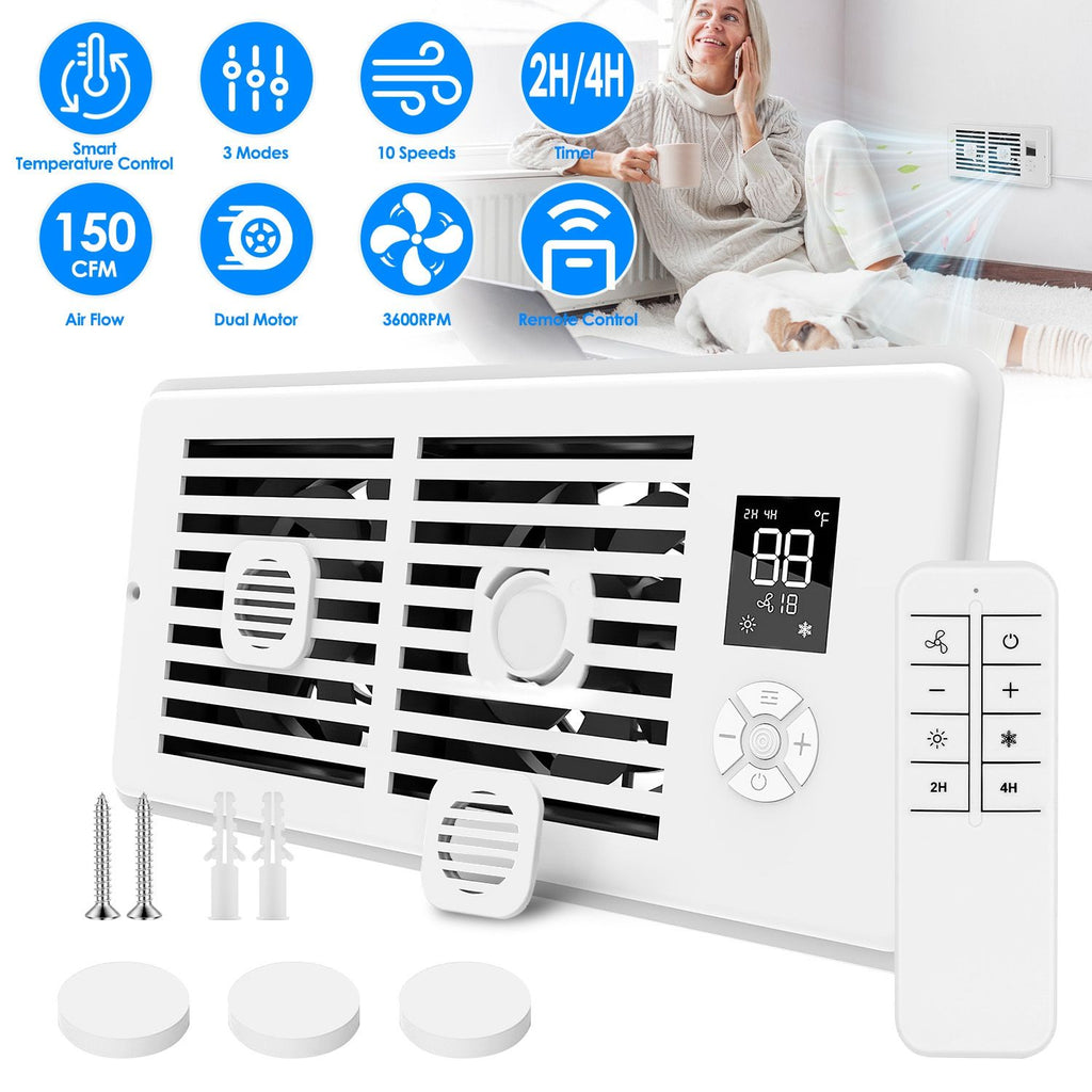 Register Booster Fan Smart AC Vent Booster Fan Fits 4" x 10" Register Holes with 3 Modes 10 Speeds 2H/4H Timer LCD Screen 2 Scent Diffuser Slots Remote Control Dual Motors for Wall Ceiling Floor