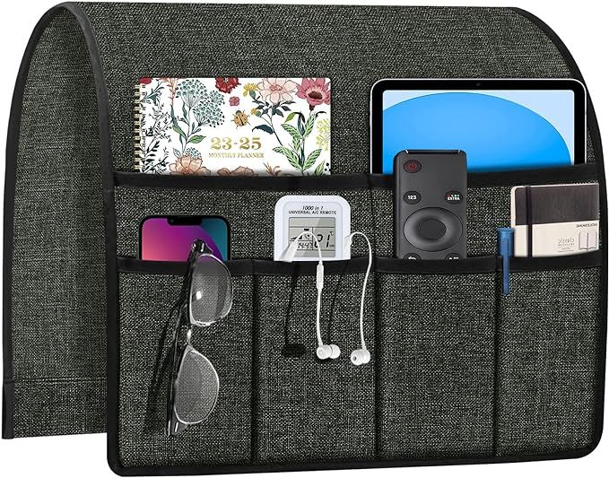 Remote Control Caddy for Chair Arm Couch Armrest Organizer Non Slip Sofa Armchair Caddie with 6 Pocket Storage for Magazine, Tablet, Phone, iPad, Dark Grey