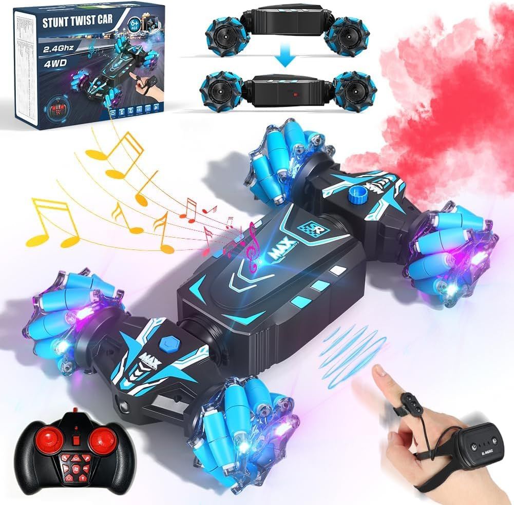 Remote Control Car Hand Controlled Gesture RC Stunt Car with Spray & Lights & Music for Kids 6-13 Year Old, 4WD 2.4GHz Off-Road 360° Rotation Toy Car Gift for Boys Girls