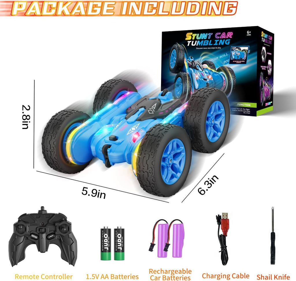 Remote Control Car, Rc Cars Stunt Toys New Upgraded Strip Lights and Headlights Toys Double-Sided 360° Rotating 4WD Drift Truck for Boys Girls Birthday Gift (Blue)