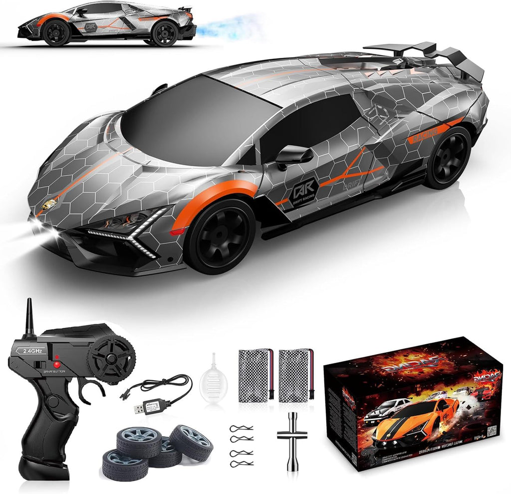Remote Control Car RC Drift Car 1:16 Scale 4WD 18KM/H High Speed Model Vehicle 2.4GHz with LED Lights Spray Rubber Tire Racing Sport Toy for Adults Boys Girls Kids Gift 2Pcs Rechargeable Batteries