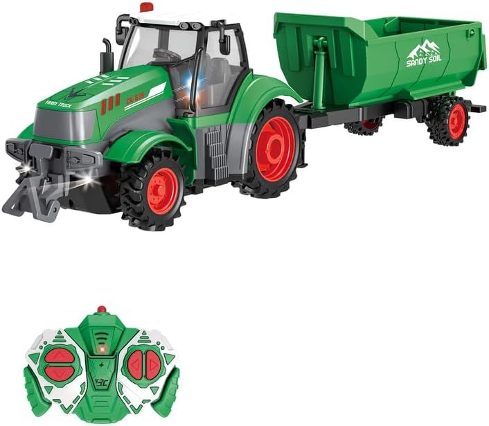 Remote Control Tactor Toy Set & 33PSC Farm Vehicle Playset - 2.4GHz 1/24 Scale RC Tractor,Dumpable Trailer, Fence with Light for Kids Age 4, 5, 6, 7 and Up Years Old