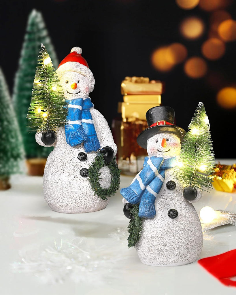 Resin Snowmen Figurines with Lighted Christmas Tree and Wreath 5'' - Set of 2 Battery Operated - Holiday Decorations Home Decor (Snowman)