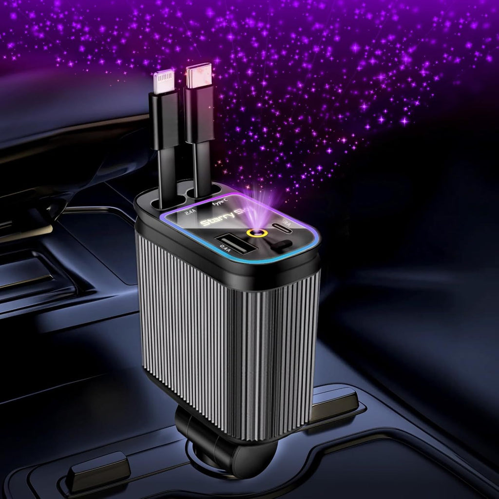 Retractable Car Charger, 4 in 1 Fast Charging Car Charger USB-C & USB-A Compatible with iPhone 16/15/14/13/12/11,Galaxy,Pixel