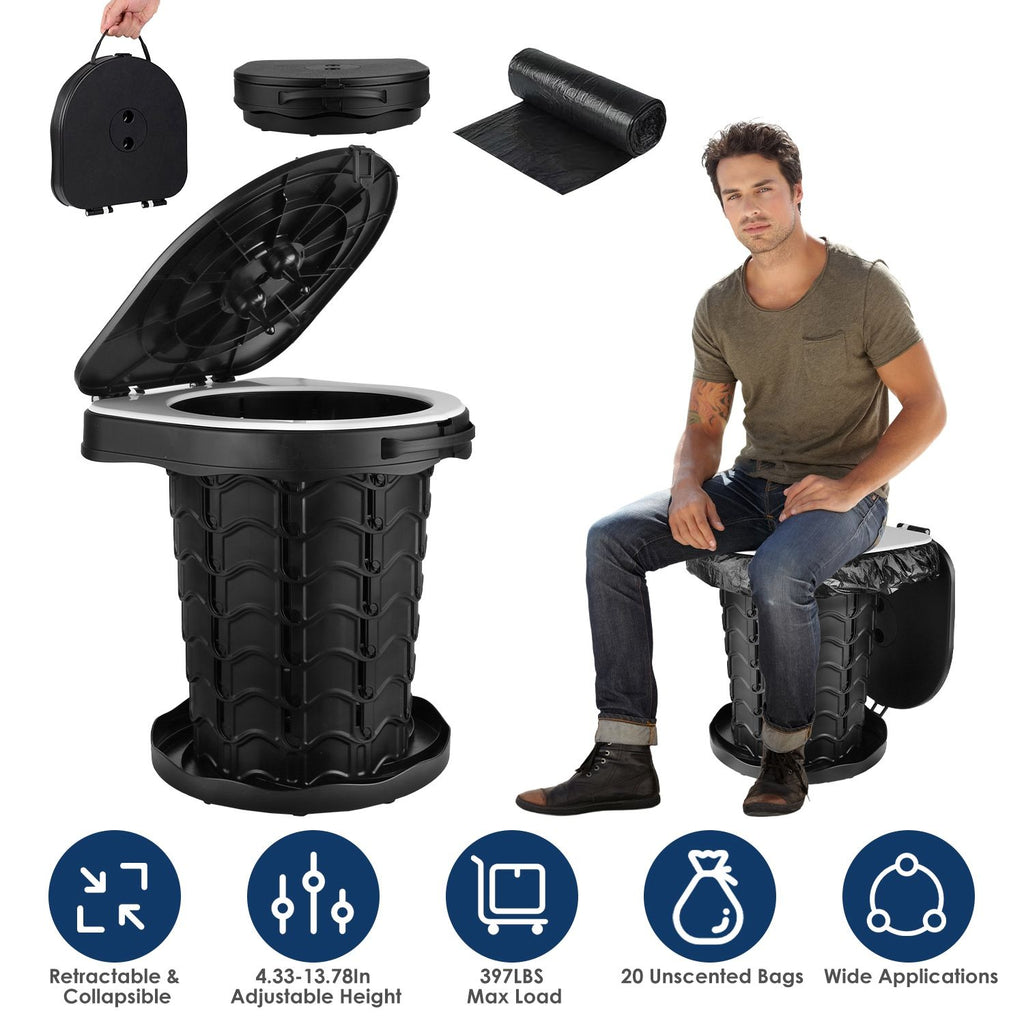 Retractable Portable Toilet Collapsible Portable Potty for Adults Emergency Toilet Kit with Adjustable Height Lid 20 Garage Bags Carry Bag for Camping Travel Hiking