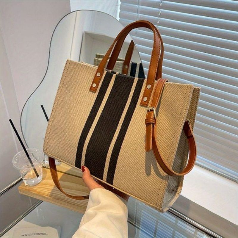 Retro Color Block Stripe Canvas Briefcase, Adjustable Crossbody Strap Work Tote Bag, Multi-Pocket Daily Shopping Handbag
