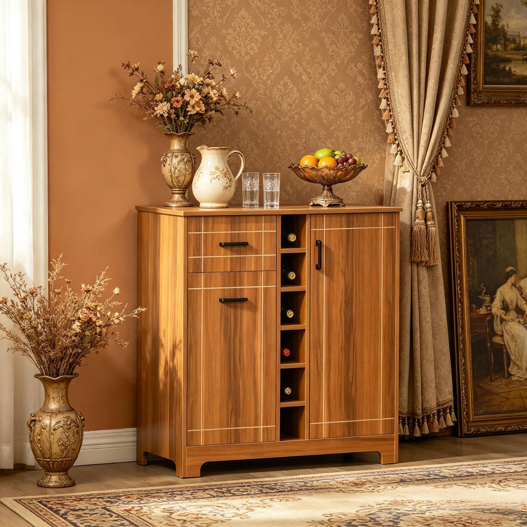 Retro Wine Cabinet Brown Sideboard Serving Bar with Glass Holders 1 Drawer for 6 Bottles Wood Wine Rack for Kitchen Storage