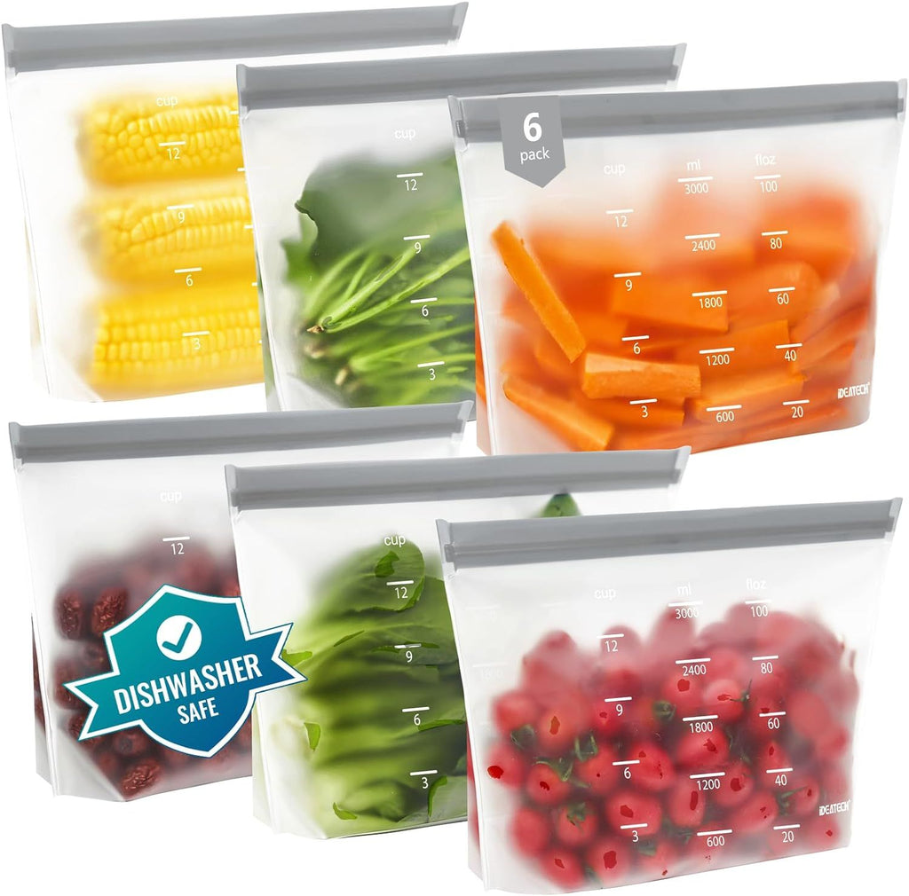 Reusable Bags Dishwasher Safe, BPA Free Reusable Freezer Bags Stand Up, Leakproof Silicone Bags for Food Storage Containers, Salad Fruit,Vegetables,Traval, Home Organization -Gray 6 Gallon