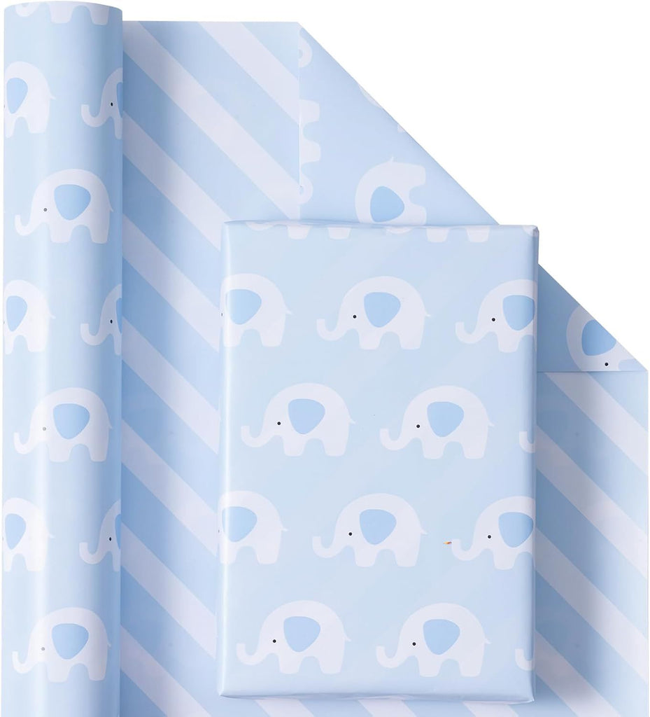 Reversible Baby Boy Wrapping Paper - Mini Roll - 17 Inch x 33 Feet - Cute Baby Blue Elephant Design, Perfect for Baby Shower, Kids Boy Birthday