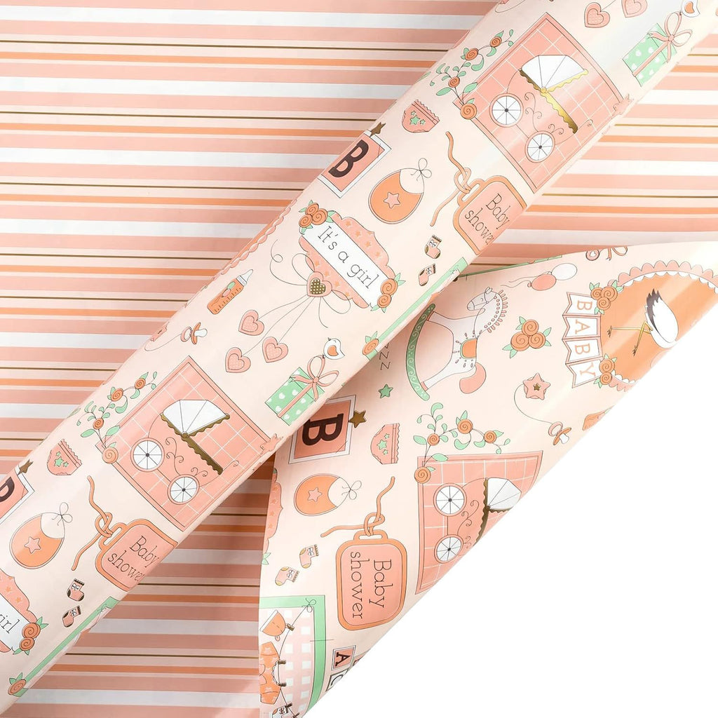 Reversible Baby Girl Wrapping Paper - Mini Roll - 17 Inch x 33 Feet - Baby Girl and Stripe Design for Baby Shower, Kids Birthday, Party, Holiday