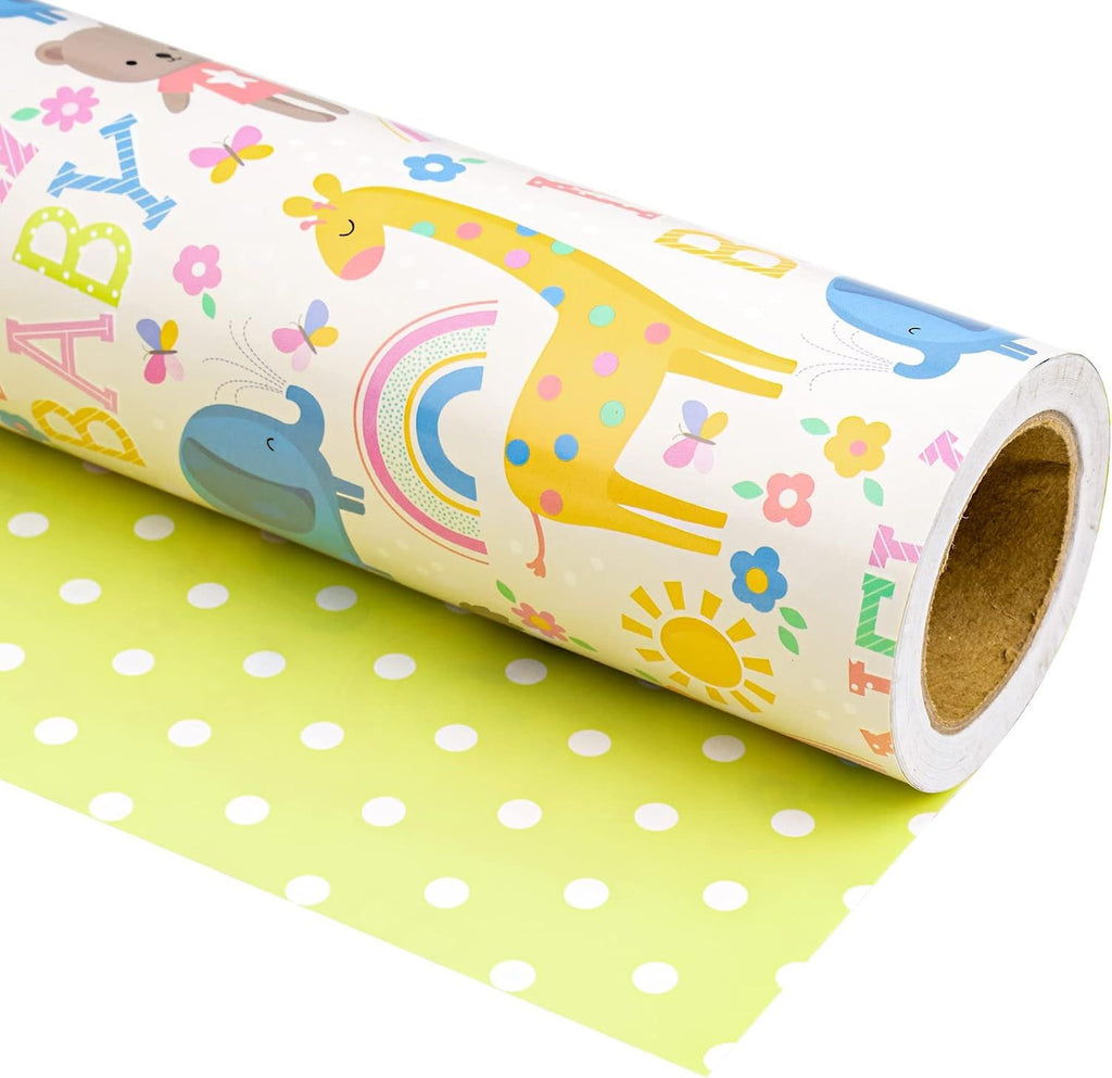 Reversible Baby Shower Wrapping Paper - Mini Roll - 17 Inch x 33 Feet - Animals & New Baby Design for Neutral Baby Shower, Boys Girls Kids Birthday